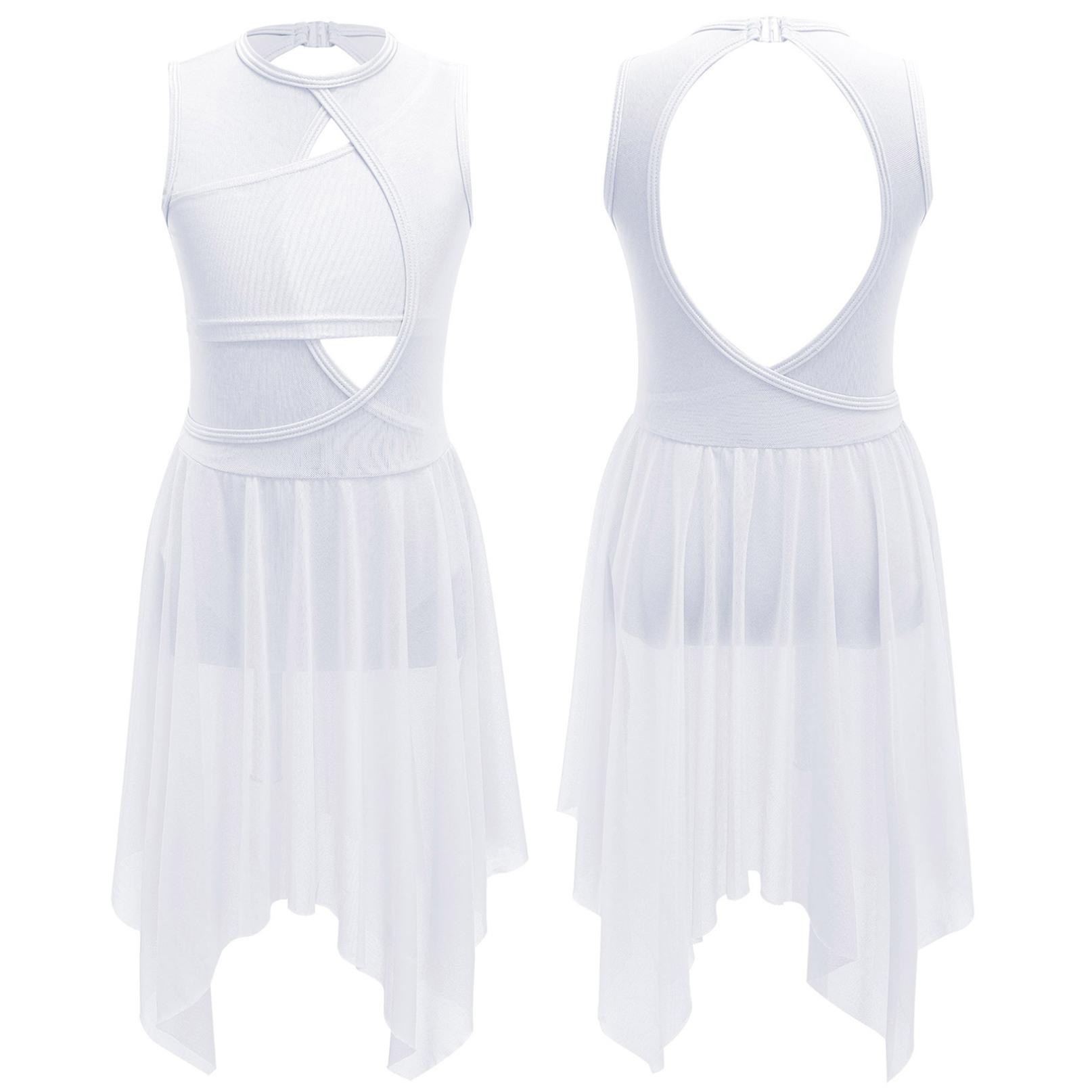 Lyrische Tanzkostüme für Mädchen, zeitgenössische Tanzbekleidung, ärmelloses, ausgeschnittenes Maxikleid aus Mesh-Tüll 7-8 Years weiß von Joom DACH