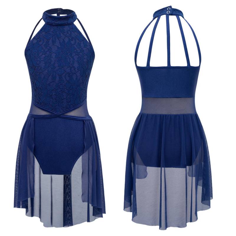 Lyrisches Ballett-Tanzkleid für Kinder, ärmellos, Spitze, Blumentrikot, zeitgenössisches modernes Tanzkostüm 11-12 Years navy blau von Joom DACH