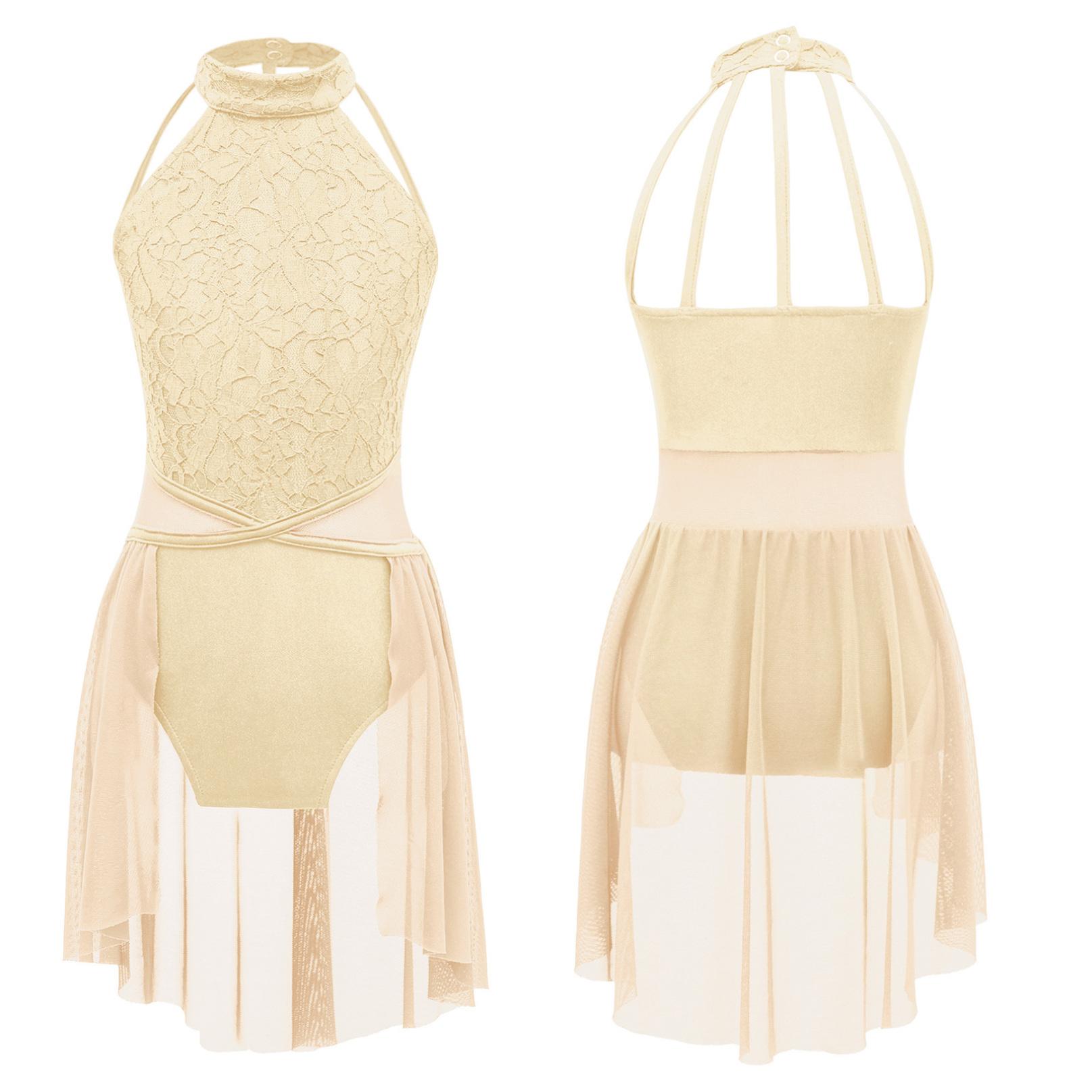 Lyrisches Ballett-Tanzkleid für Kinder, ärmellos, Spitze, Blumentrikot, zeitgenössisches modernes Tanzkostüm 13-14 Years champagner von Joom DACH