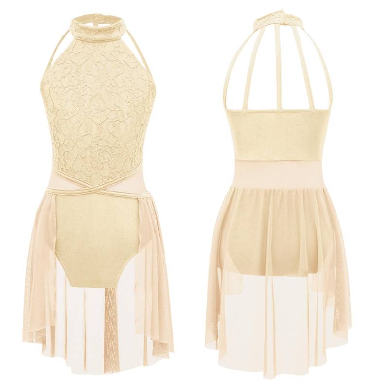 Lyrisches Ballett-Tanzkleid für Kinder, ärmellos, Spitze, Blumentrikot, zeitgenössisches modernes Tanzkostüm 13-14 Years champagner von Joom DACH