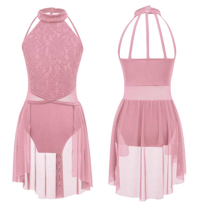 Lyrisches Ballett-Tanzkleid für Kinder, ärmellos, Spitze, Blumentrikot, zeitgenössisches modernes Tanzkostüm 9-10 Years dunkel rosa von Joom DACH