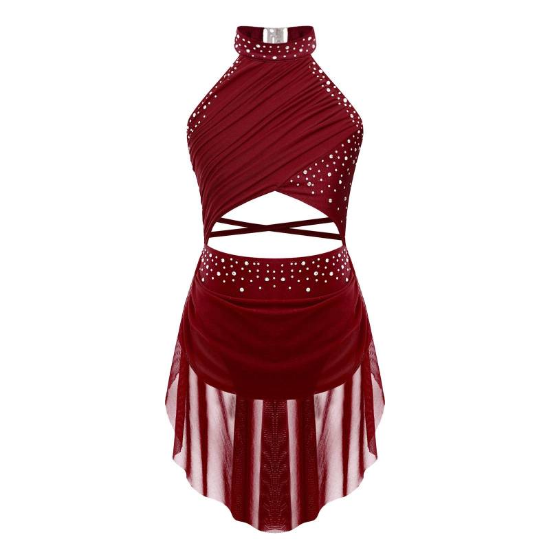 Lyrisches Tanz-Outfit für Kinder und Mädchen mit Strasssteinen – transparentes Netz-Overlay mit Riemchen und rückenfreiem Performance-Kleid bordeaux von Joom DACH