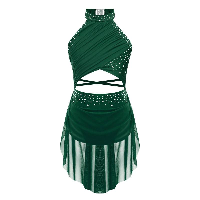 Lyrisches Tanz-Outfit für Kinder und Mädchen mit Strasssteinen – transparentes Netz-Overlay mit Riemchen und rückenfreiem Performance-Kleid 13-14 Years von Joom DACH