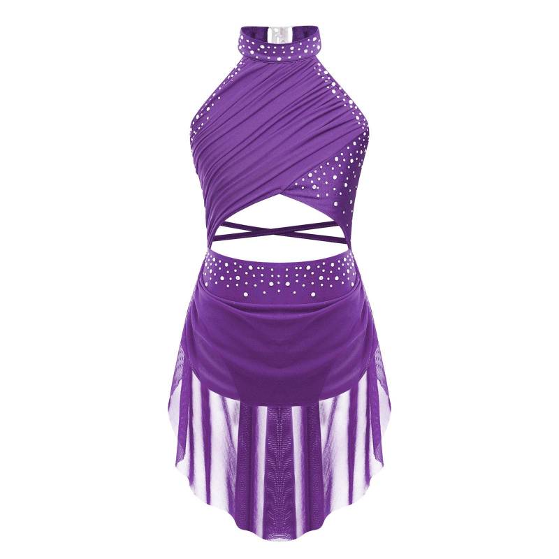 Lyrisches Tanz-Outfit für Kinder und Mädchen mit Strasssteinen – transparentes Netz-Overlay mit Riemchen und rückenfreiem Performance-Kleid 13-14 Years violett von Joom DACH