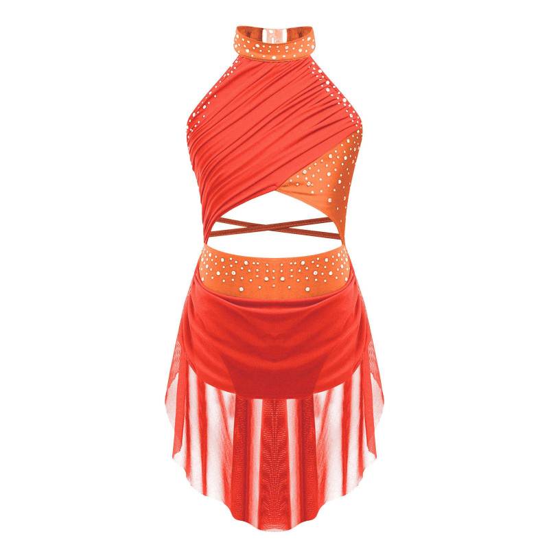 Lyrisches Tanz-Outfit für Kinder und Mädchen mit Strasssteinen – transparentes Netz-Overlay mit Riemchen und rückenfreiem Performance-Kleid 15-16 Years fluoreszierende orange von Joom DACH