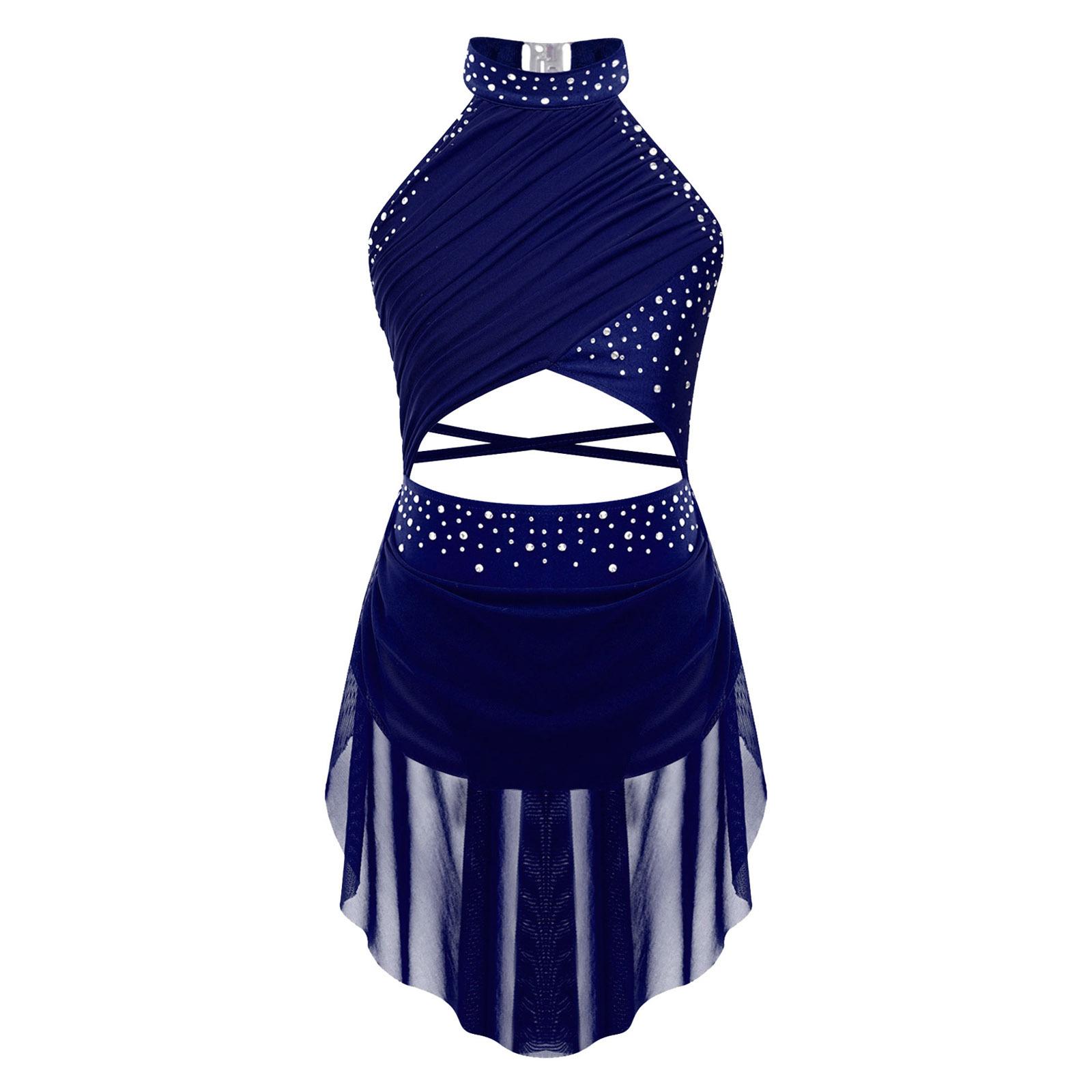 Lyrisches Tanz-Outfit für Kinder und Mädchen mit Strasssteinen – transparentes Netz-Overlay mit Riemchen und rückenfreiem Performance-Kleid 5-6 Years navy blau von Joom DACH