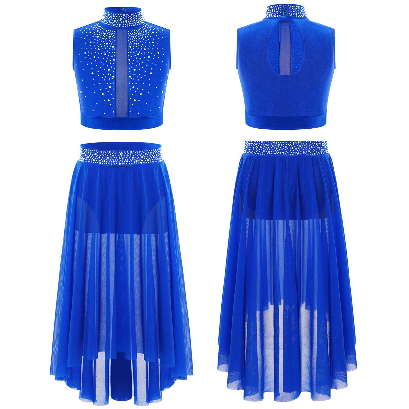 Lyrisches Tanz-Outfit für Mädchen, Eiskunstlauf-Wettbewerb, moderner lateinamerikanischer Jazz-Auftritt, 2-tlg. bauchfreies Top mit High-Low-Chiffonrock 11-12 Years blau von Joom DACH