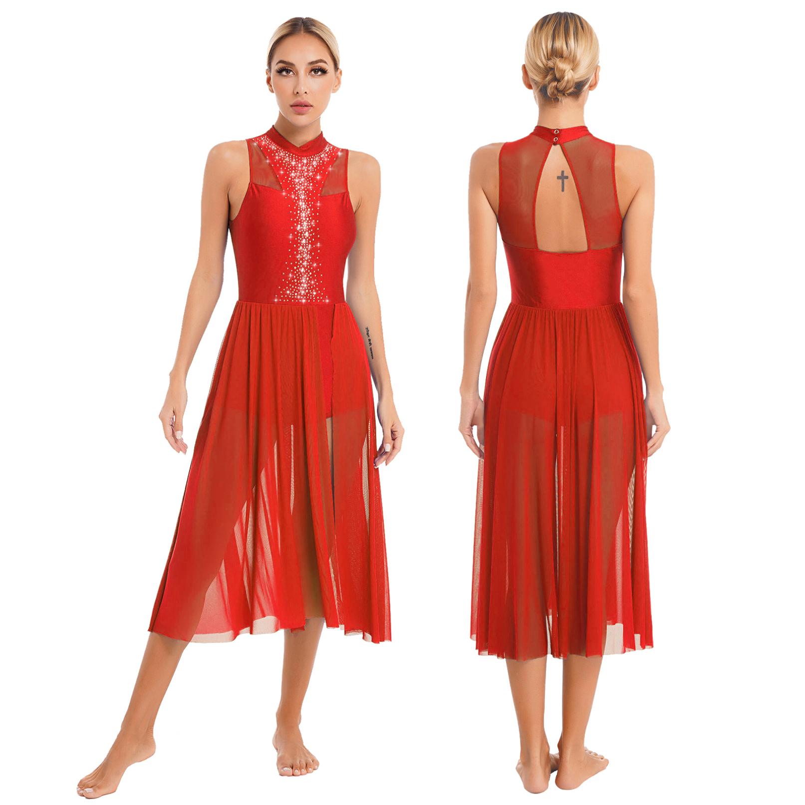 Lyrisches Tanzkleid für Damen, glitzerndes Strass-ärmelloses Mesh-Trikotkleid, zeitgenössisches Tanz-Performance-Kostüm S rot von Joom DACH