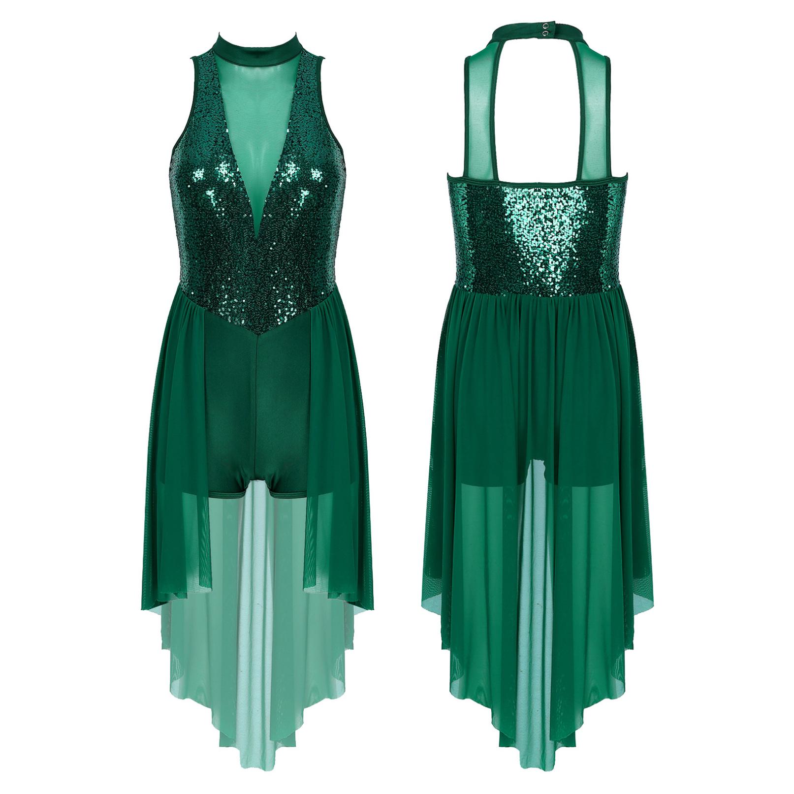 Lyrisches Tanzkleid für Damen mit glitzernden Pailletten, Stehkragen, ärmelloses Trikot mit Netzrock und Tanzkleidung L grün von Joom DACH