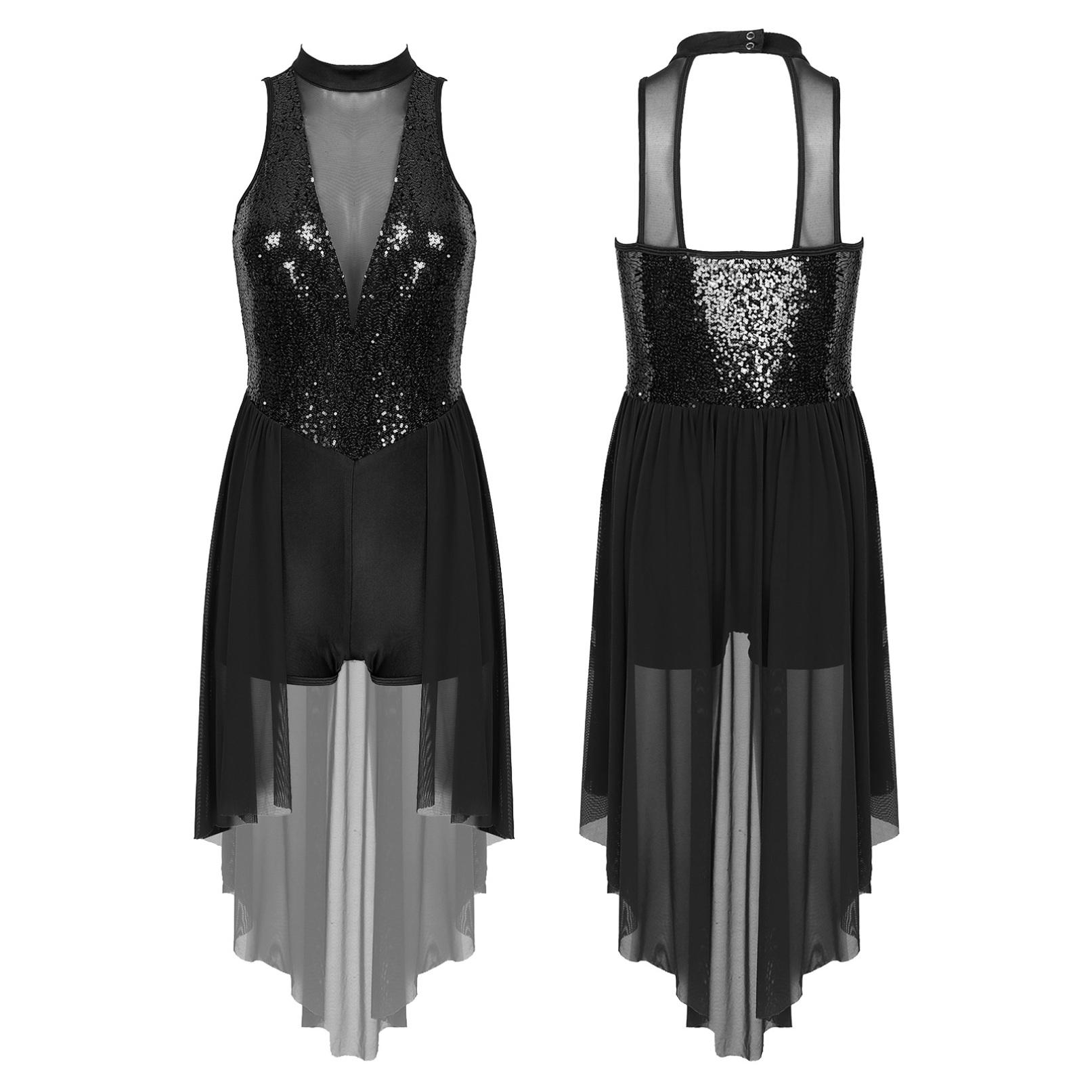 Lyrisches Tanzkleid für Damen mit glitzernden Pailletten, Stehkragen, ärmelloses Trikot mit Netzrock und Tanzkleidung L schwarz von Joom DACH