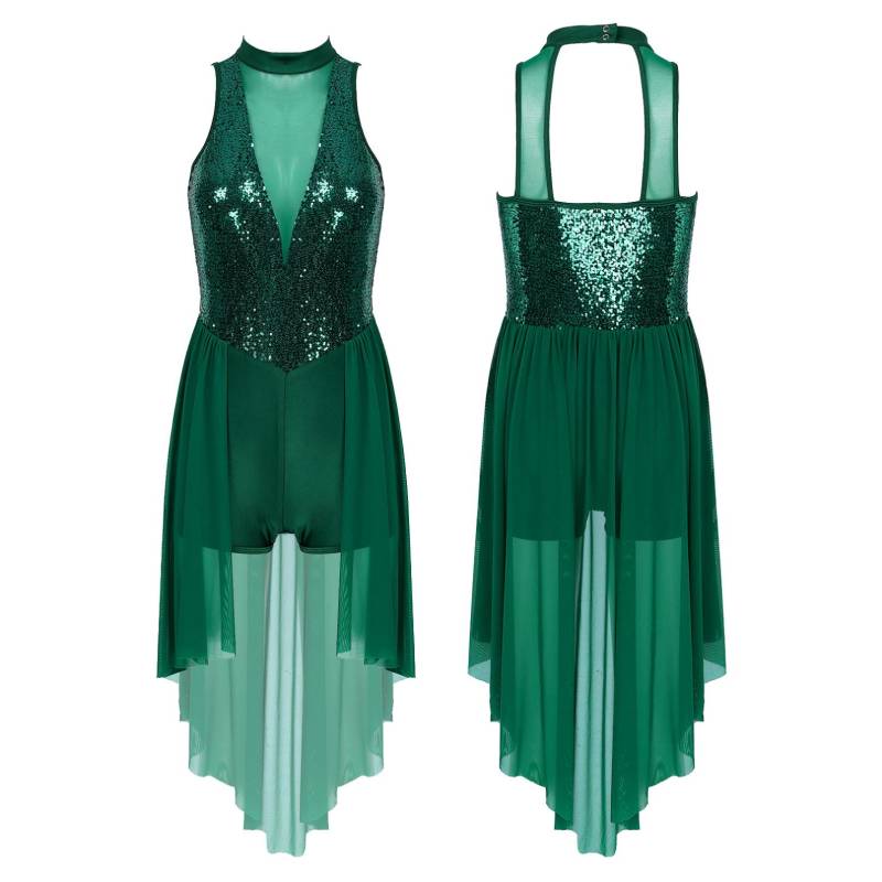 Lyrisches Tanzkleid für Damen mit glitzernden Pailletten, Stehkragen, ärmelloses Trikot mit Netzrock und Tanzkleidung M grün von Joom DACH