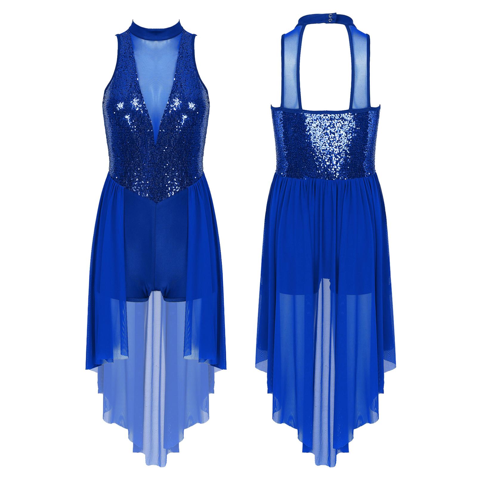Lyrisches Tanzkleid für Damen mit glitzernden Pailletten, Stehkragen, ärmelloses Trikot mit Netzrock und Tanzkleidung XXL königsblau von Joom DACH