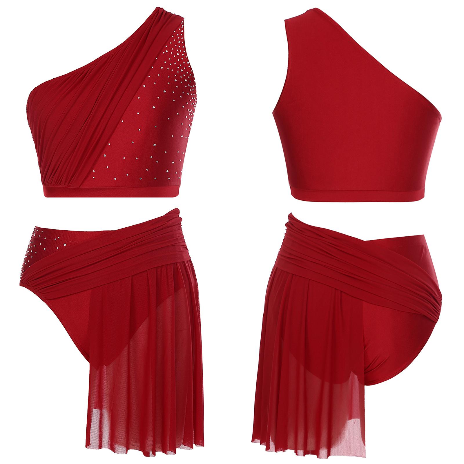 Lyrisches Tanzkostüm für Damen, One-Shoulder-Crop-Top mit Netzrock und Slip, zweiteiliges modernes zeitgenössisches Outfit S bordeaux von Joom DACH
