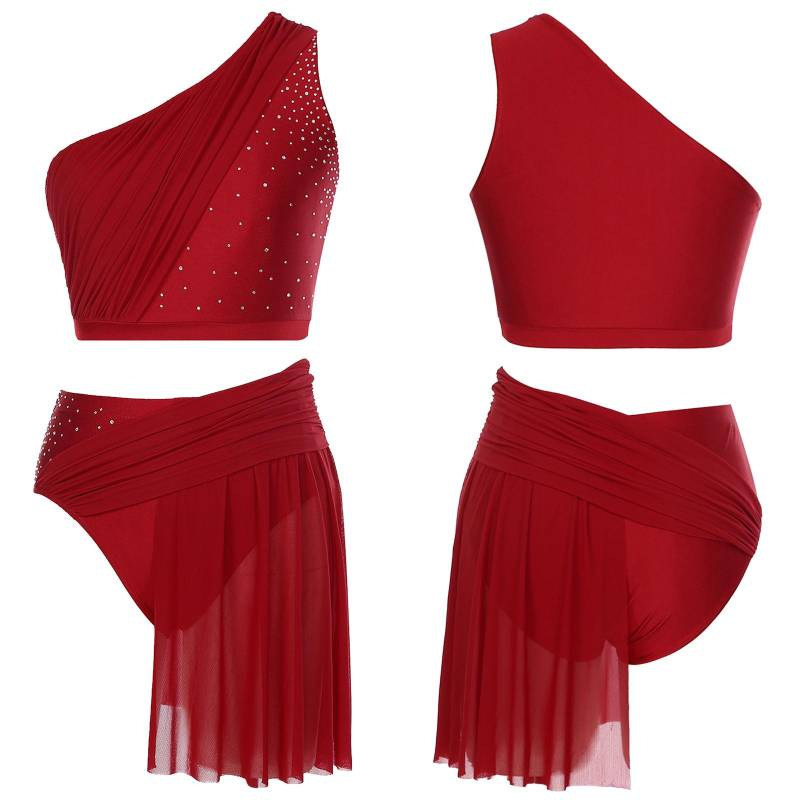 Lyrisches Tanzkostüm für Damen, One-Shoulder-Crop-Top mit Netzrock und Slip, zweiteiliges modernes zeitgenössisches Outfit S bordeaux von Joom DACH