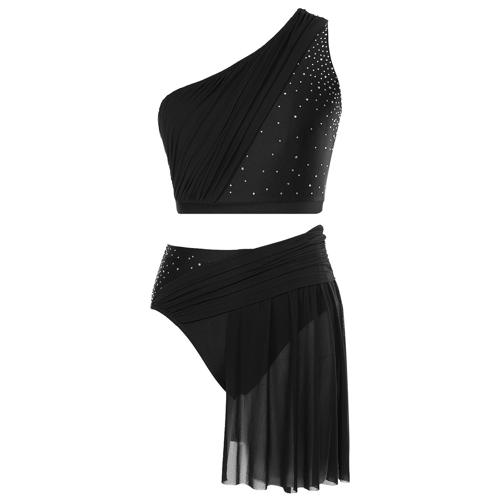 Lyrisches Tanzkostüm für Damen, One-Shoulder-Crop-Top mit Netzrock und Slip, zweiteiliges modernes zeitgenössisches Outfit S schwarz von Joom DACH