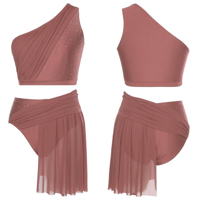 Lyrisches Tanzkostüm für Damen, One-Shoulder-Crop-Top mit Netzrock und Slip, zweiteiliges modernes zeitgenössisches Outfit S rosa von Joom DACH