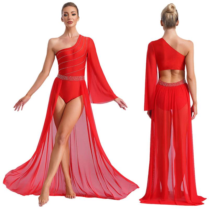 Lyrisches Tanzkostüm für Damen Ein Schulter Ärmel mit Glockenärmel Fließend Geschlitzt Durchsichtiger Chiffon-Überrock Leotard mit Rock Damen Tanzbekleidung S rot von Joom DACH
