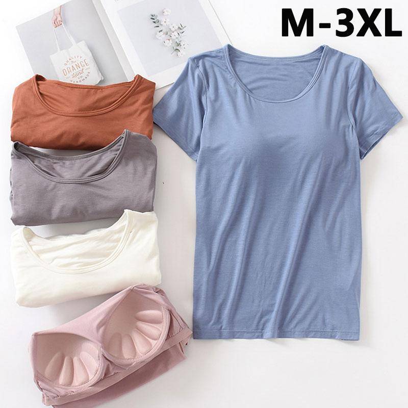 M-3XL 9 Farben Damen-T-Shirts aus Modal-Baumwolle mit integriertem BH, gepolsterte Oberteile, T-Shirts für Damen M von Joom DACH