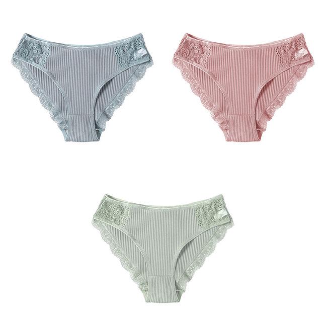M-XXL 3-teiliges Damen-Baumwollhöschen-Set mit floraler Spitze, Slips, Unterwäsche, bequemes Höschen für Damen, sexy Low-Rise-Dessous L von Joom DACH