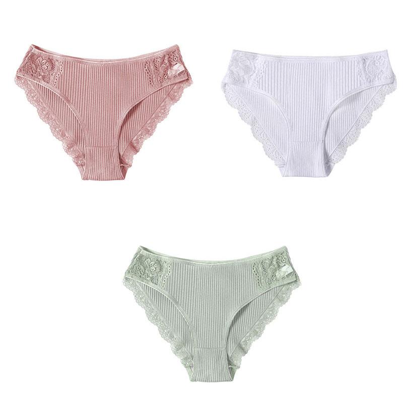 M-XXL 3-teiliges Damen-Baumwollhöschen-Set mit floraler Spitze, Slips, Unterwäsche, bequemes Höschen für Damen, sexy Low-Rise-Dessous L von Joom DACH