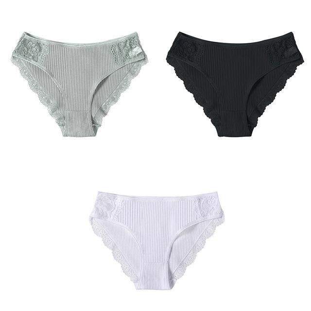 M-XXL 3-teiliges Damen-Baumwollhöschen-Set mit floraler Spitze, Slips, Unterwäsche, bequemes Höschen für Damen, sexy Low-Rise-Dessous M von Joom DACH