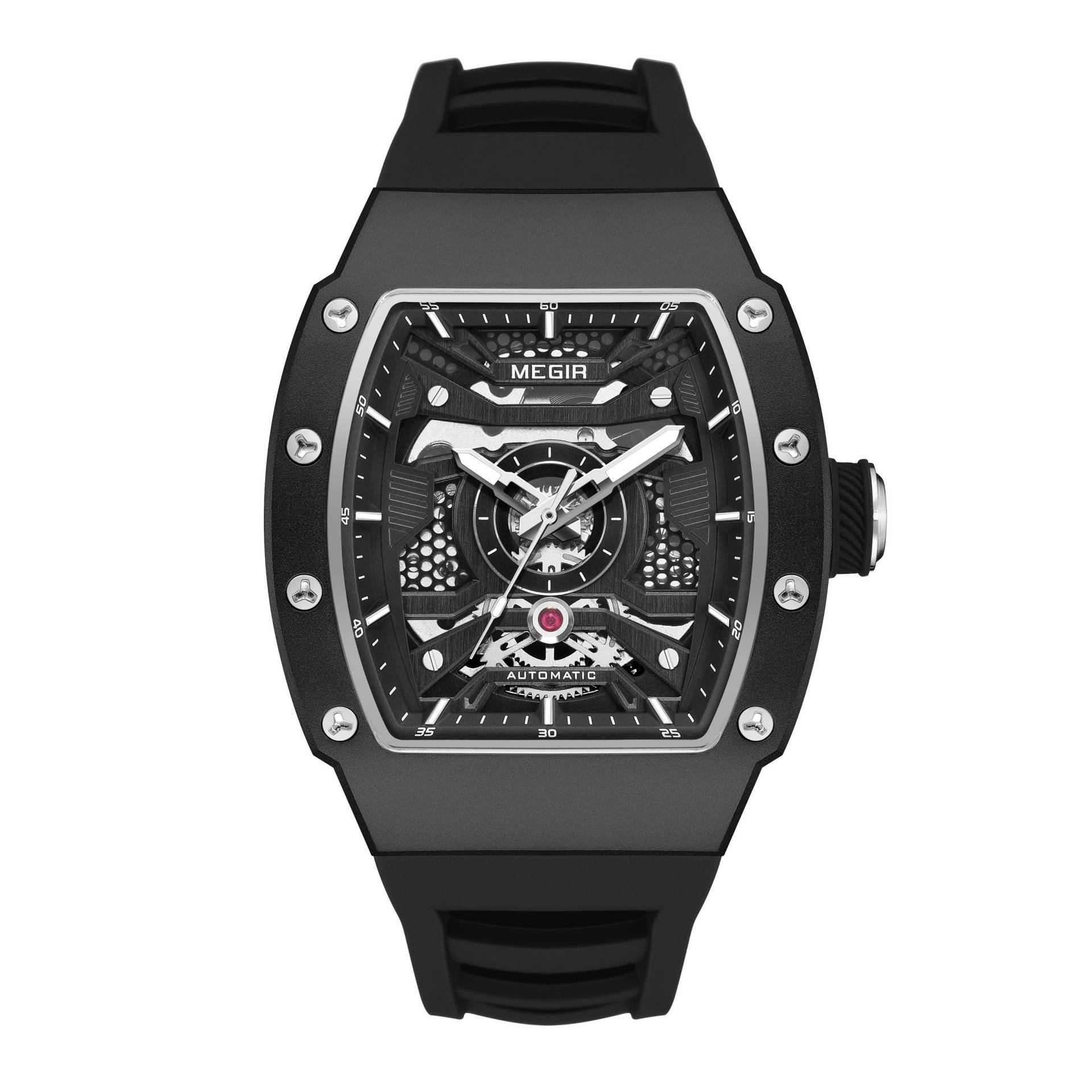 MEGIR Luxus Herren Automatische Mechanische Uhr Wasserdicht Skelettiert Silikonarmband Sport Armbanduhr Uhr Reloj Hombre 8604 schwarz von Joom DACH