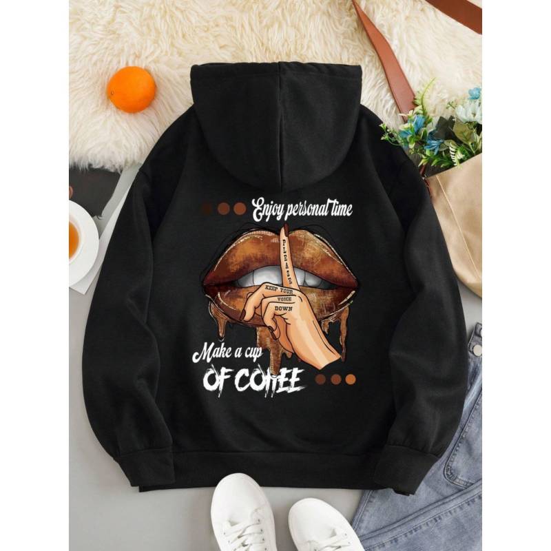 Mach eine Tasse Kaffee Dirty Little Secret Druck Sweatshirt Damen Weiche Kapuzenpullover Warme Fleece-Hoodies Übergroße Streetwear M schwarz von Joom DACH