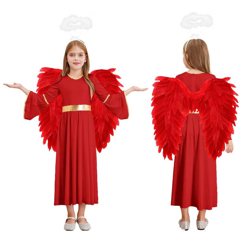 Mädchen 3-teiliges Engelkostüm Langärmeliges Kleid mit goldenem Besatz Feder-Haarreif Engelsflügel Verkleidung Bühnenoutfit 7-8 Years weiß/rot von Joom DACH