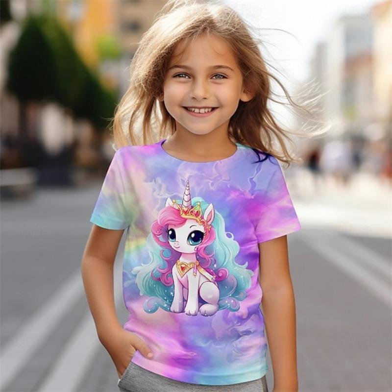 Mädchen 3D Einhorn T-Shirts Kurzarm 3D Druck Sommer Aktiv Mode Niedlich Polyester Kinder 3-12 Jahre Rundhalsausschnitt Outdoor 110 von Joom DACH
