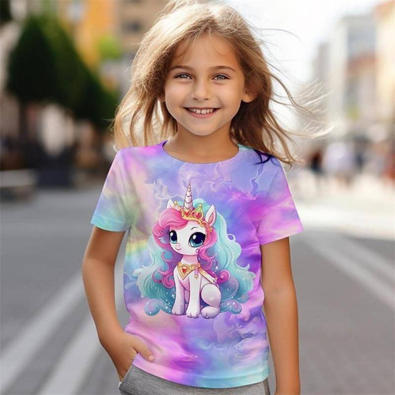Mädchen 3D Einhorn T-Shirts Kurzarm 3D Druck Sommer Aktiv Mode Niedlich Polyester Kinder 3-12 Jahre Rundhalsausschnitt Outdoor 110 von Joom DACH