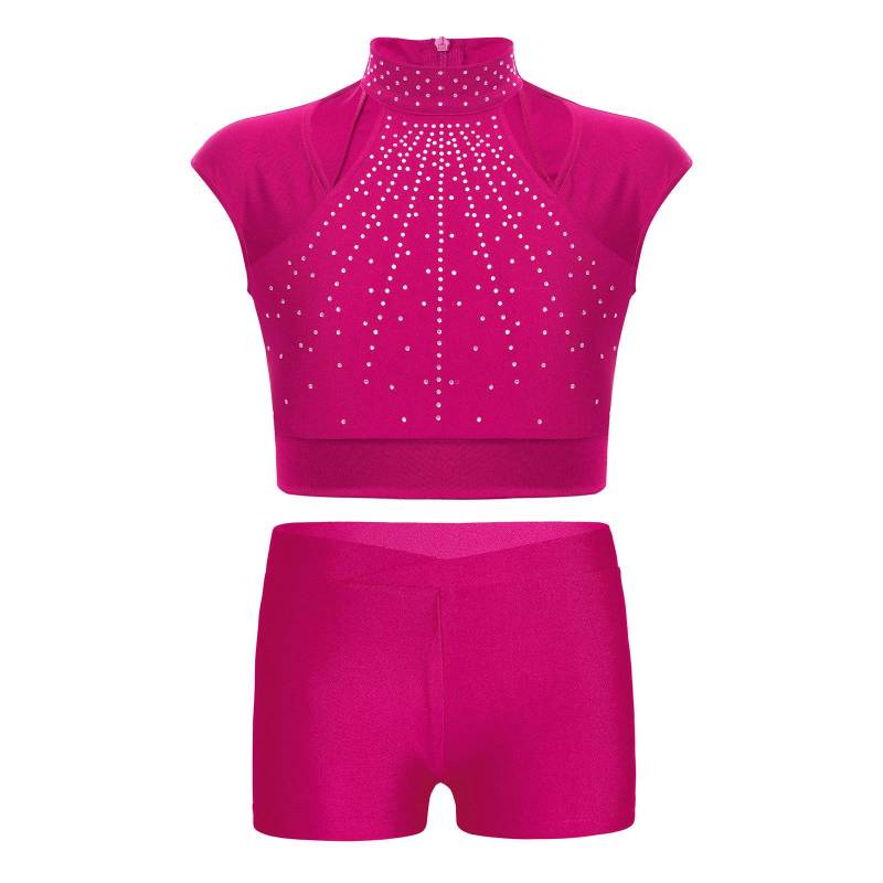 Mädchen Ärmelloses Crop Top Glänzende Strasssteine Ausschnittdesign mit V-Bund Shorts Tanzoutfit 7-8 Years heißes rosa von Joom DACH