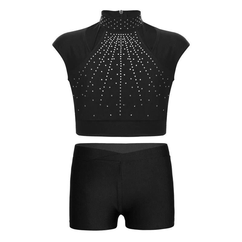 Mädchen Ärmelloses Crop Top Glänzende Strasssteine Ausschnittdesign mit V-Bund Shorts Tanzoutfit 7-8 Years schwarz von Joom DACH