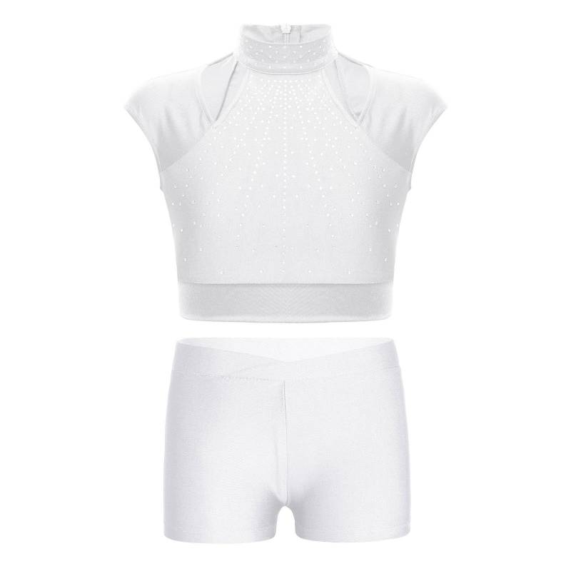 Mädchen Ärmelloses Crop Top Glänzende Strasssteine Ausschnittdesign mit V-Bund Shorts Tanzoutfit 7-8 Years weiß von Joom DACH