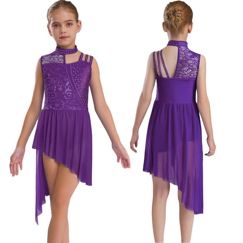 Mädchen Ärmelloses Lyrisches Tanzkleid Stehkragen Asymmetrische Schulter Blumenspitze Strasssteine Unregelmäßiger Saum 13-14 Years violett von Joom DACH