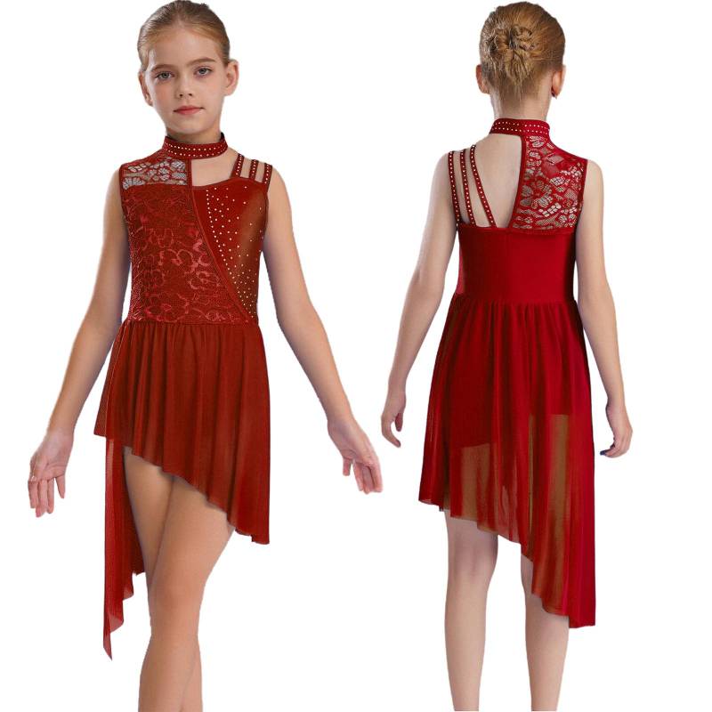 Mädchen Ärmelloses Lyrisches Tanzkleid Stehkragen Asymmetrische Schulter Blumenspitze Strasssteine Unregelmäßiger Saum 5-6 Years bordeaux von Joom DACH