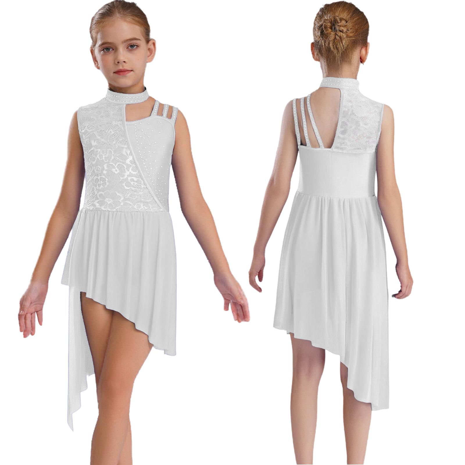 Mädchen Ärmelloses Lyrisches Tanzkleid Stehkragen Asymmetrische Schulter Blumenspitze Strasssteine Unregelmäßiger Saum 5-6 Years weiß von Joom DACH