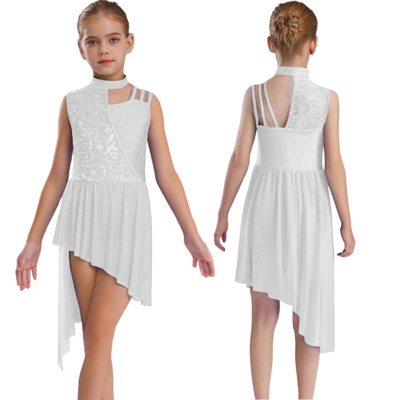 Mädchen Ärmelloses Lyrisches Tanzkleid Stehkragen Asymmetrische Schulter Blumenspitze Strasssteine Unregelmäßiger Saum 5-6 Years weiß von Joom DACH