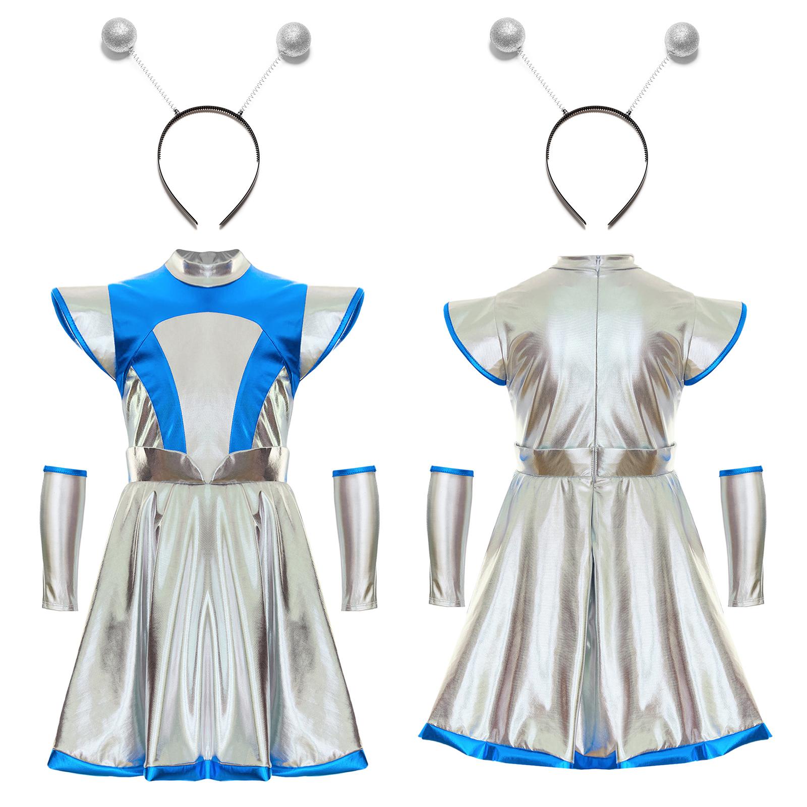 Mädchen Alien Rollenspiel Metallic Kleid Weltraum Halloween Outfit Party Schulaufführung Show Karneval Cosplay Kostüm 13-14 Years silber von Joom DACH