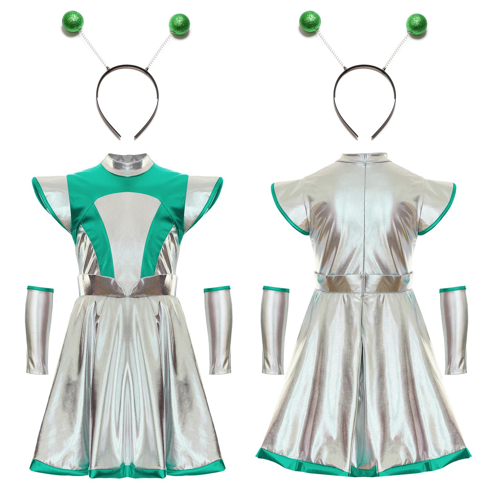 Mädchen Alien Rollenspiel Metallic Kleid Weltraum Halloween Outfit Party Schulaufführung Show Karneval Cosplay Kostüm 7-8 Years grün von Joom DACH