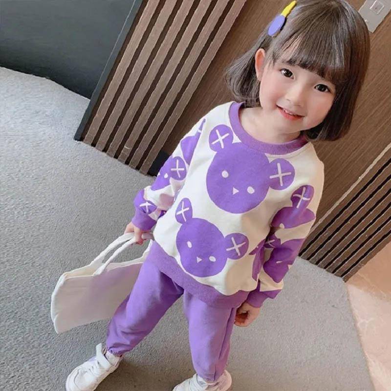Mädchen Anzüge Frühling und Herbst Kleidung Baby Mädchen Sport und Freizeit Rundhals Pullover Pullover Hose Niedlichen Bären Druck Zwei-stück Set 90 violett von Joom DACH