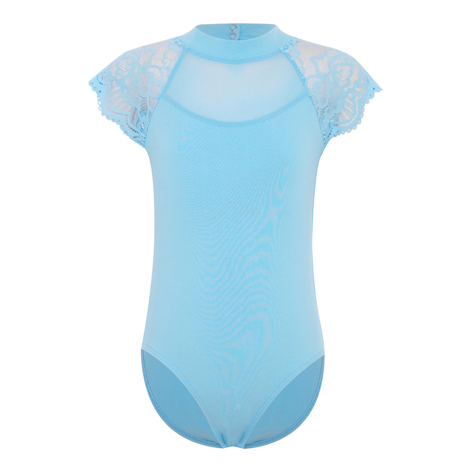 Mädchen Ballett Trikot Spitze Kappenärmel Transparentes Mesh Ausschnitt Body Tanzprüfung Übungskostüm 11-12 Years hellblaue von Joom DACH