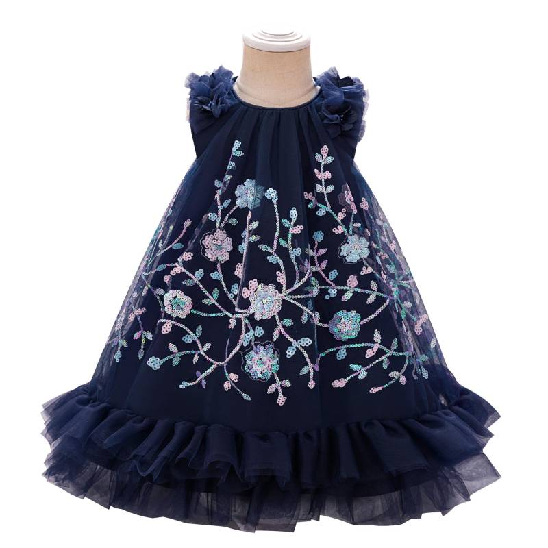Mädchen Blumenstickerei Party Tutu Kleid Kinder Blau Taufe Hochzeit Abschlussball Kleider Mädchen Sommermode Kinder Feiertagskleidung 100cm navy blau von Joom DACH