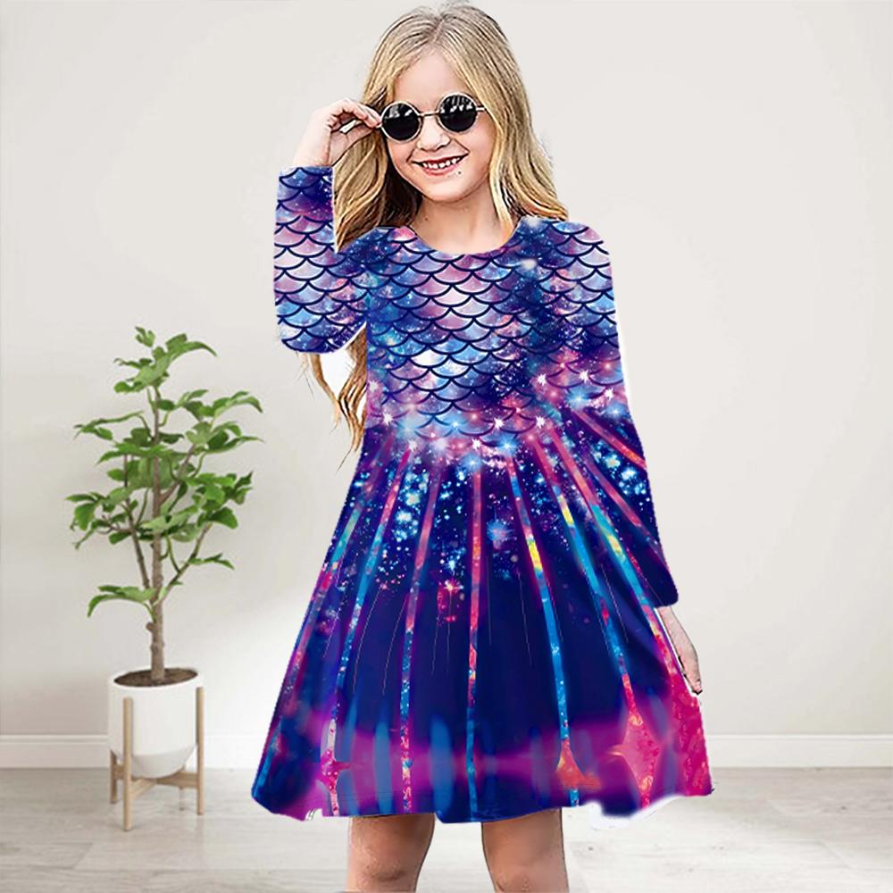 Mädchen Casual 3D Druck Golden Shiny Fisch Schuppen Rundhals Langarm Kleid Kind Prinzessin Kleid 140 von Joom DACH