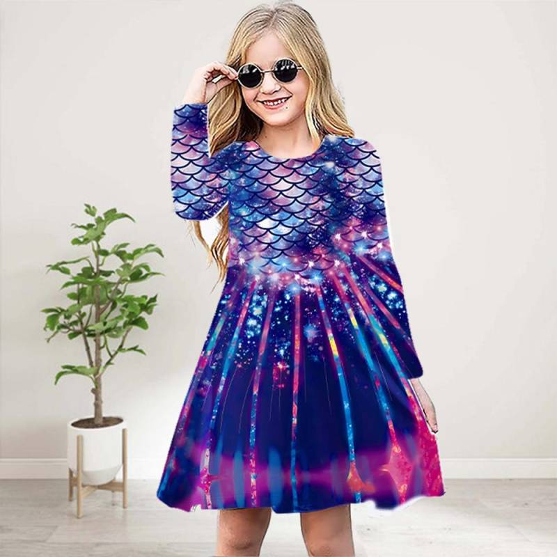 Mädchen Casual 3D Druck Golden Shiny Fisch Schuppen Rundhals Langarm Kleid Kind Prinzessin Kleid 140 violett von Joom DACH