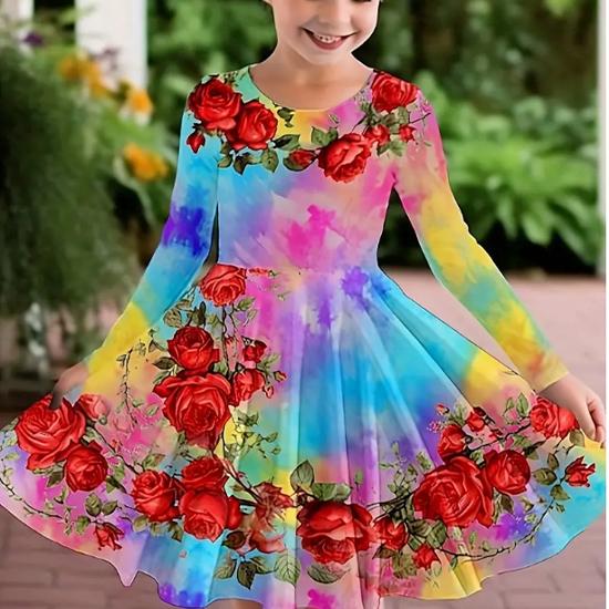 Mädchen Casual 3D Druck Rundhals Langarm Kleid Kind Prinzessin Kleid 120 bunt von Joom DACH