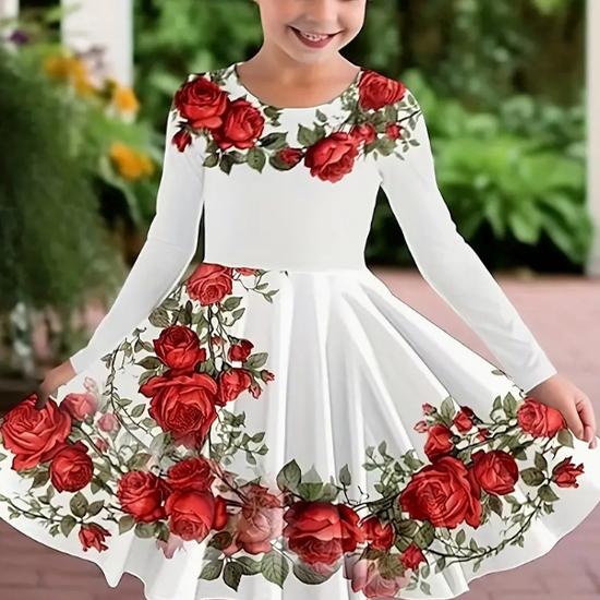 Mädchen Casual 3D Druck Rundhals Langarm Kleid Kind Prinzessin Kleid 130 rot von Joom DACH
