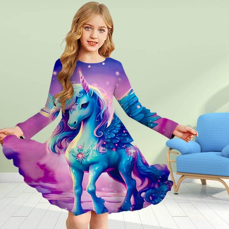 Mädchen Casual 3D Druck Stern Einhorn Rundhals Langarm Kleid Kind Prinzessin Kleid 110 violett von Joom DACH