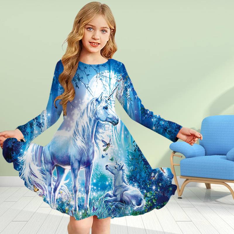 Mädchen Casual 3D Druck Stern Einhorn Rundhals Langarm Kleid Kind Prinzessin Kleid 130 hellblaue von Joom DACH