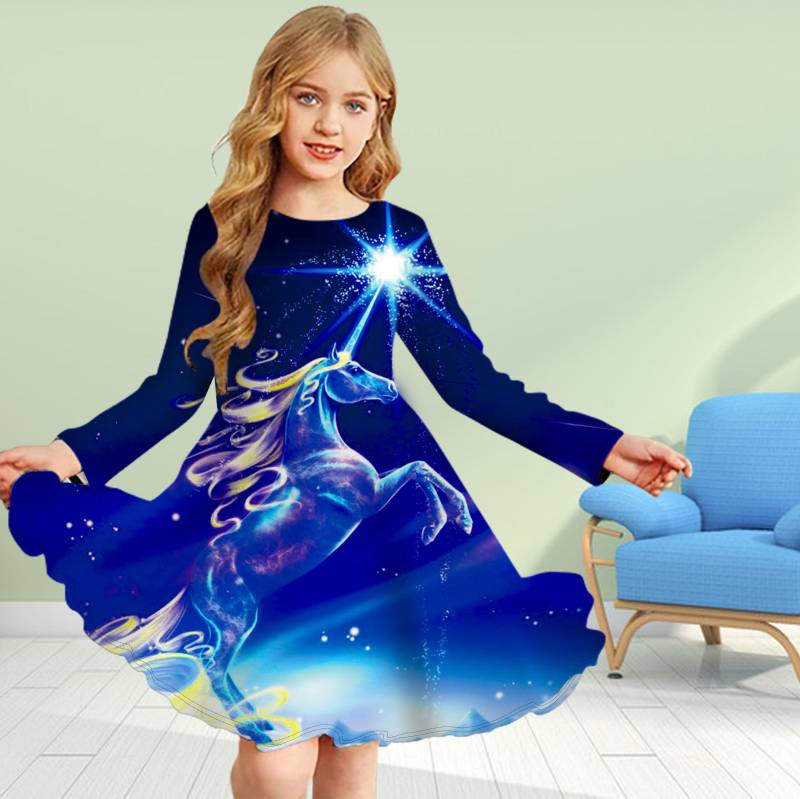 Mädchen Casual 3D Druck Stern Einhorn Rundhals Langarm Kleid Kind Prinzessin Kleid 140 navy blau von Joom DACH