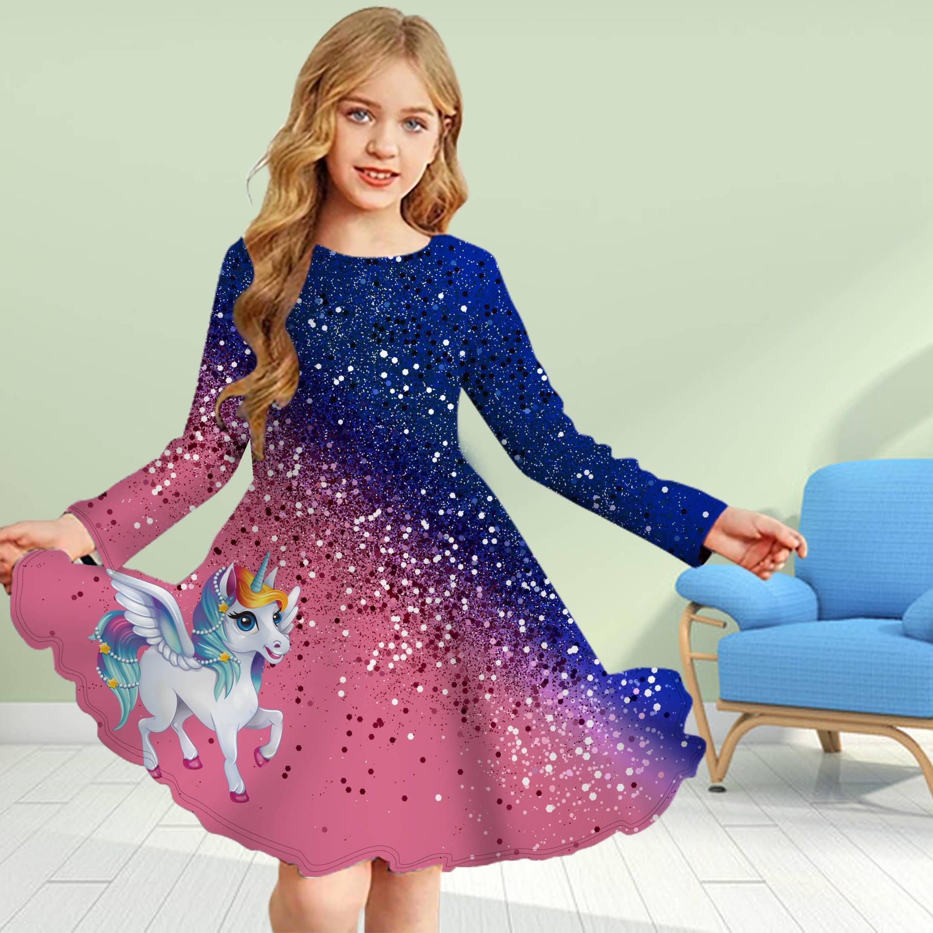 Mädchen Casual 3D Druck glänzende Einhorn Rundhals Langarm Kleid Kind Prinzessin Kleid 110 von Joom DACH